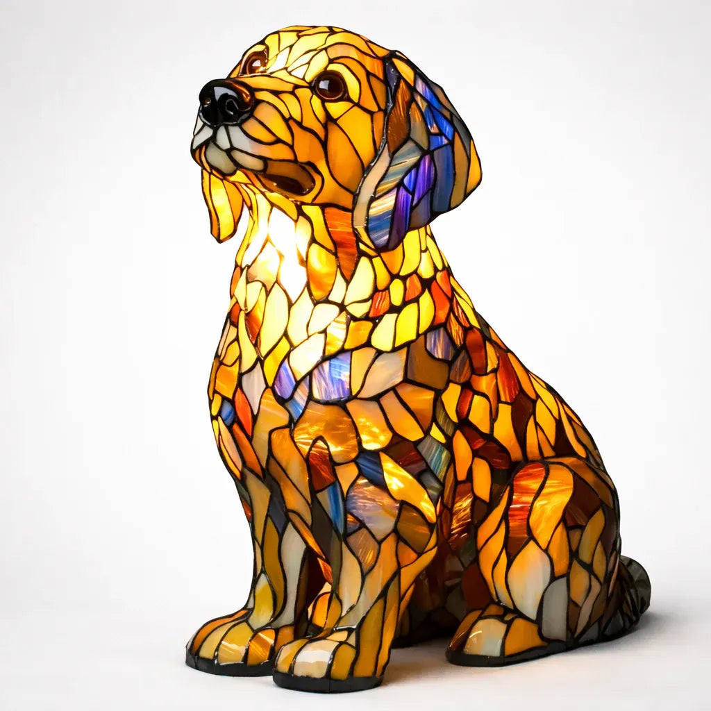 Tiffany-Style Stained Glass Dog LED Night Light Table Lamp for Bedroom Desk
