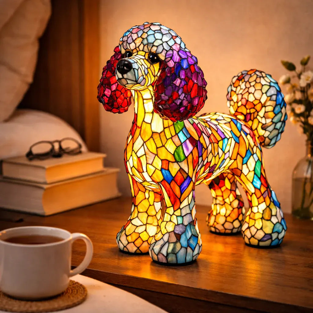 Tiffany-Style Stained Glass Dog LED Night Light Table Lamp for Bedroom Desk