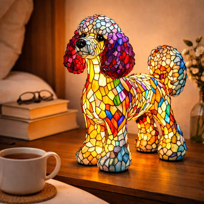 Tiffany-Style Stained Glass Dog LED Night Light Table Lamp for Bedroom Desk