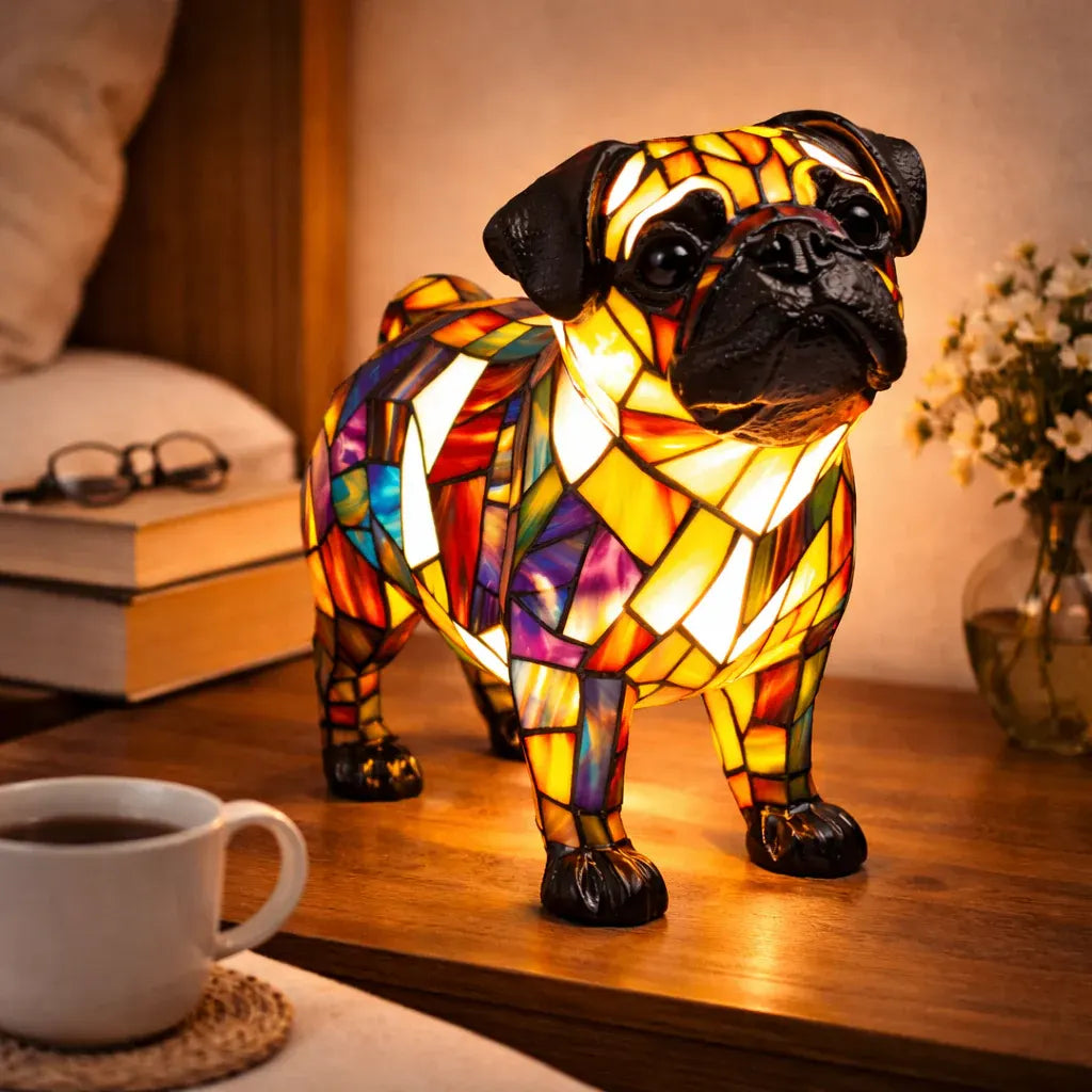 Tiffany-Style Stained Glass Dog LED Night Light Table Lamp for Bedroom Desk