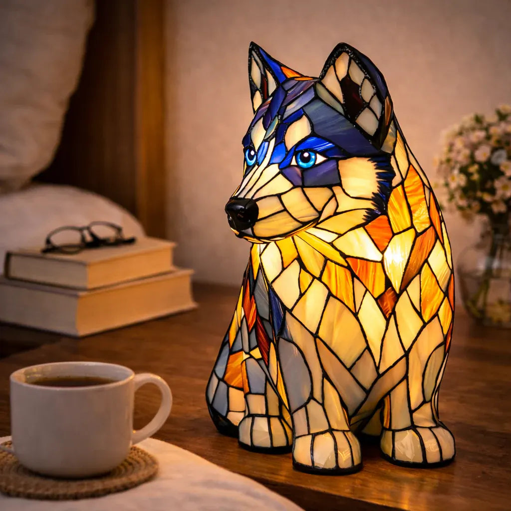 Tiffany-Style Stained Glass Dog LED Night Light Table Lamp for Bedroom Desk