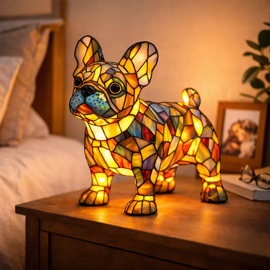 Tiffany-Style Stained Glass Dog LED Night Light Table Lamp for Bedroom Desk