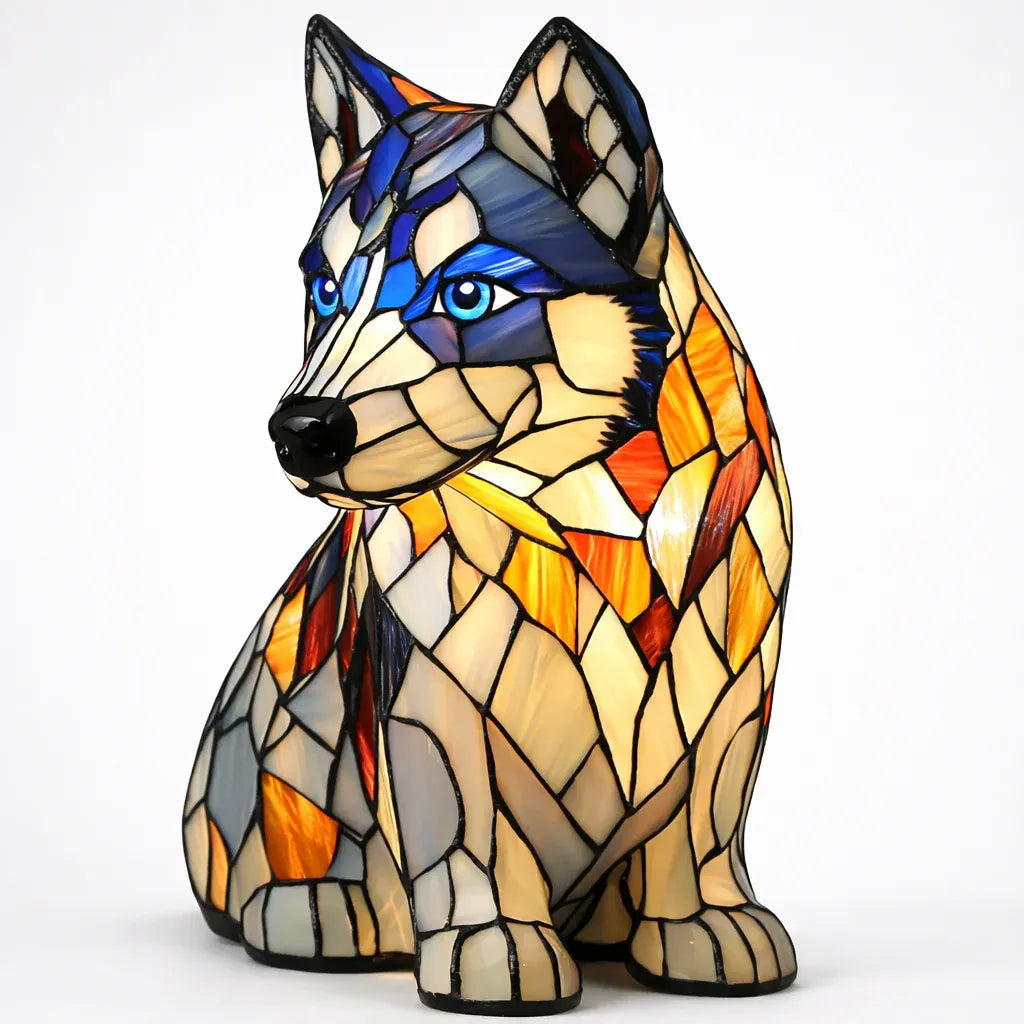 Tiffany-Style Stained Glass Dog LED Night Light Table Lamp for Bedroom Desk