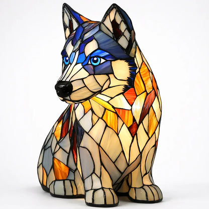 Tiffany-Style Stained Glass Dog LED Night Light Table Lamp for Bedroom Desk