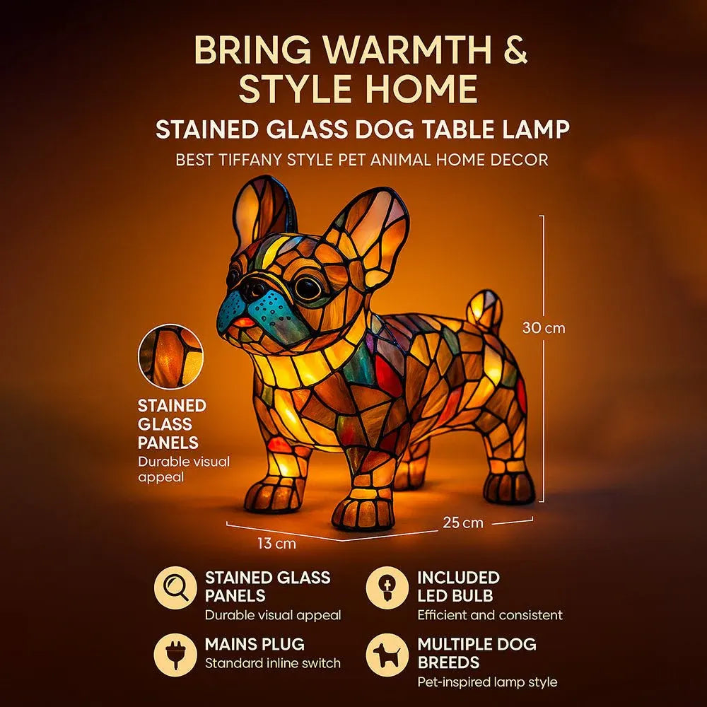 Tiffany-Style Stained Glass Dog LED Night Light Table Lamp for Bedroom Desk