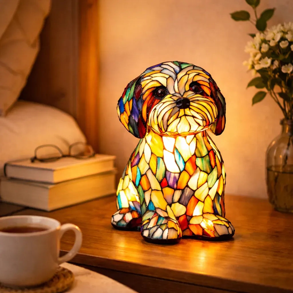 Tiffany-Style Stained Glass Dog LED Night Light Table Lamp for Bedroom Desk