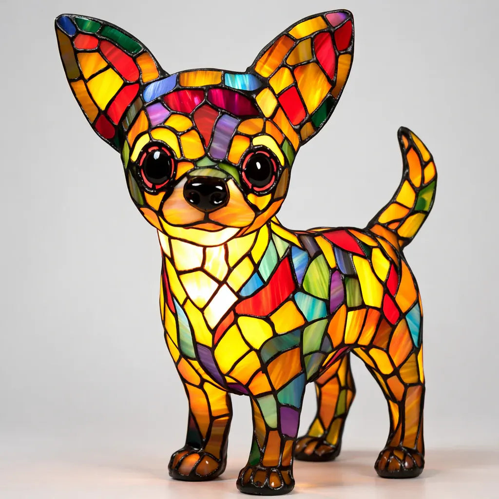 Tiffany-Style Stained Glass Dog LED Night Light Table Lamp for Bedroom Desk