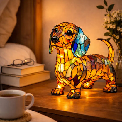 Tiffany-Style Stained Glass Dog LED Night Light Table Lamp for Bedroom Desk