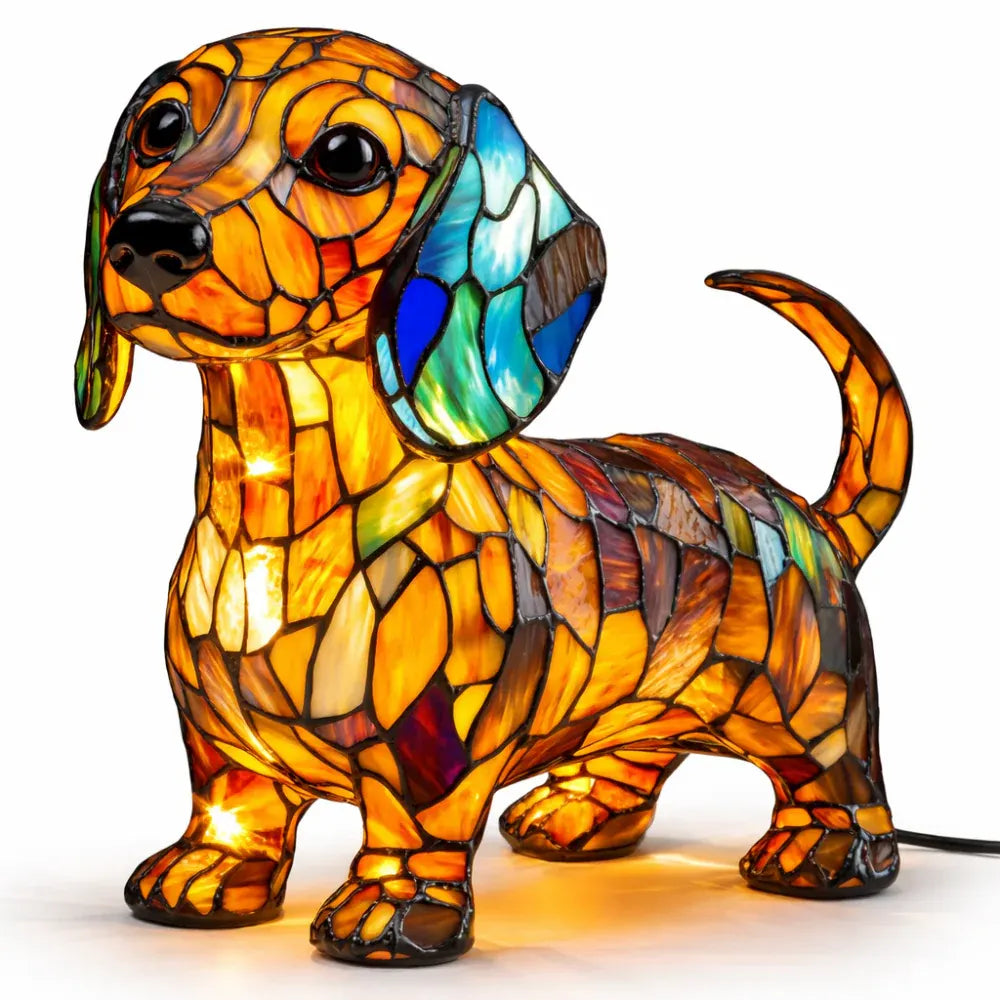 Tiffany-Style Stained Glass Dog LED Night Light Table Lamp for Bedroom Desk