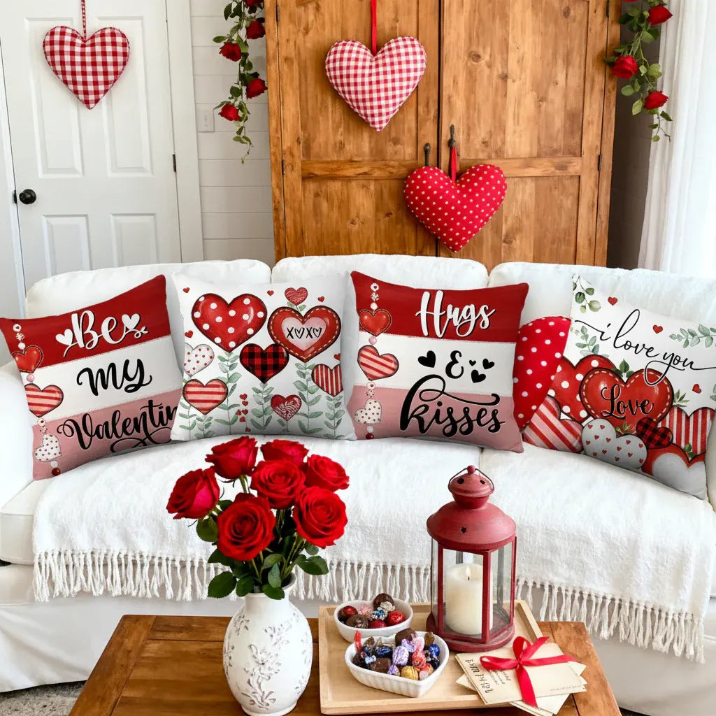 Valentine's Heart Print Polyester Cushion Cover Set