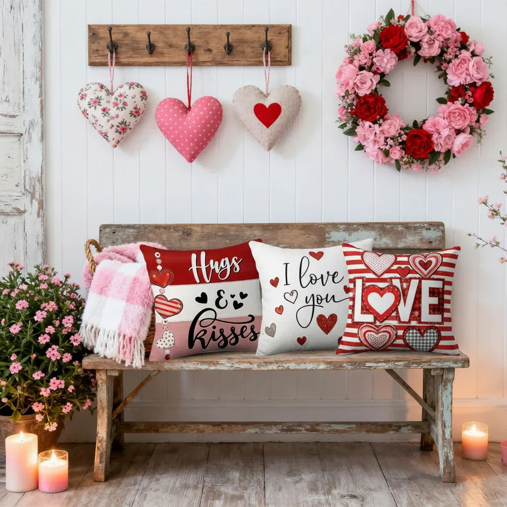 Valentine's Heart Print Polyester Cushion Cover Set