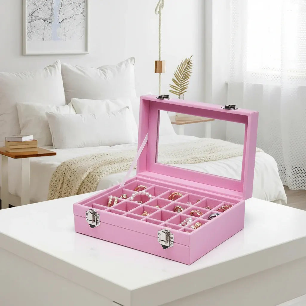 Velvet Jewelry Storage Box with Glass Lid – Mother's Day Organizer Tray