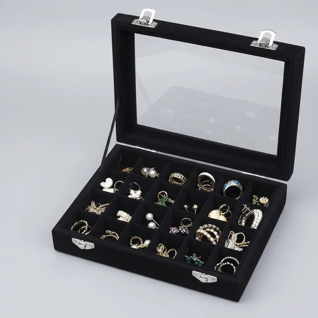Velvet Jewelry Storage Box with Glass Lid – Mother's Day Organizer Tray