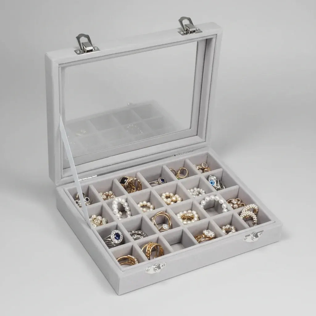 Velvet Jewelry Storage Box with Glass Lid – Mother's Day Organizer Tray