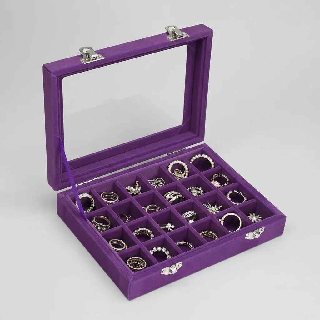Velvet Jewelry Storage Box with Glass Lid – Mother's Day Organizer Tray