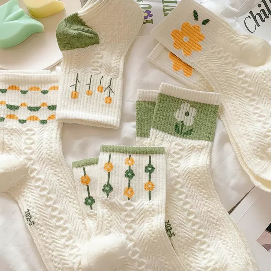 Vintage Floral Cable Knit Crew Socks for Women, Breathable Cotton