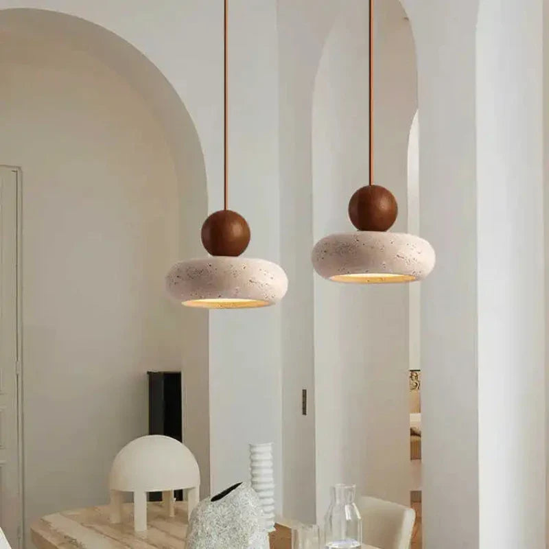 Vintage Minimalist Pendant Light with Natural Stone and Wood Accents