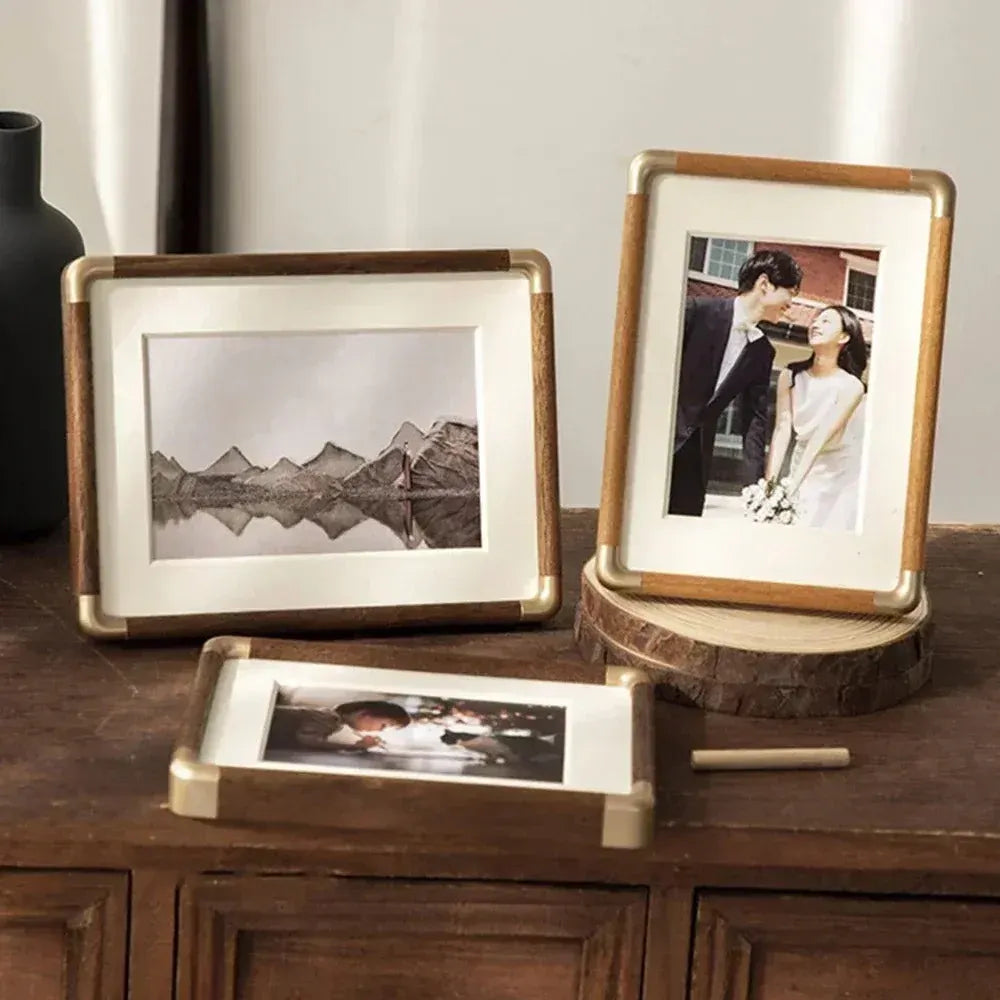 Vintage Wood & Brass Tabletop Picture Frame with Brooks Design
