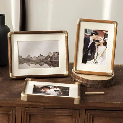 Vintage Wood & Brass Tabletop Picture Frame with Brooks Design