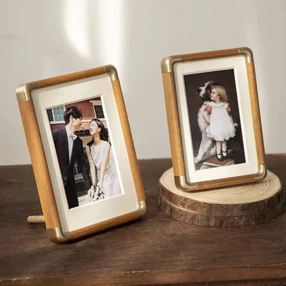 Vintage Wood & Brass Tabletop Picture Frame with Brooks Design