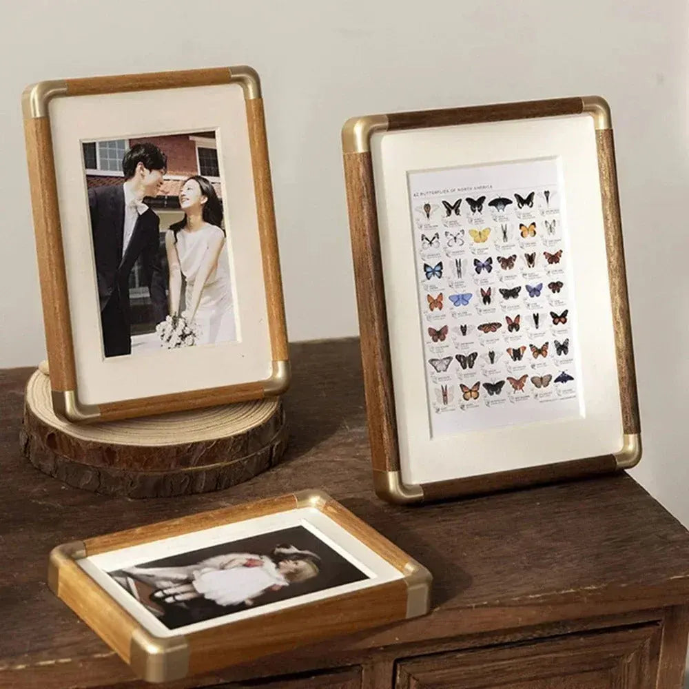 Vintage Wood & Brass Tabletop Picture Frame with Brooks Design