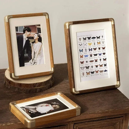 Vintage Wood & Brass Tabletop Picture Frame with Brooks Design