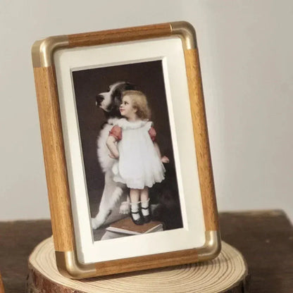 Vintage Wood & Brass Tabletop Picture Frame with Brooks Design