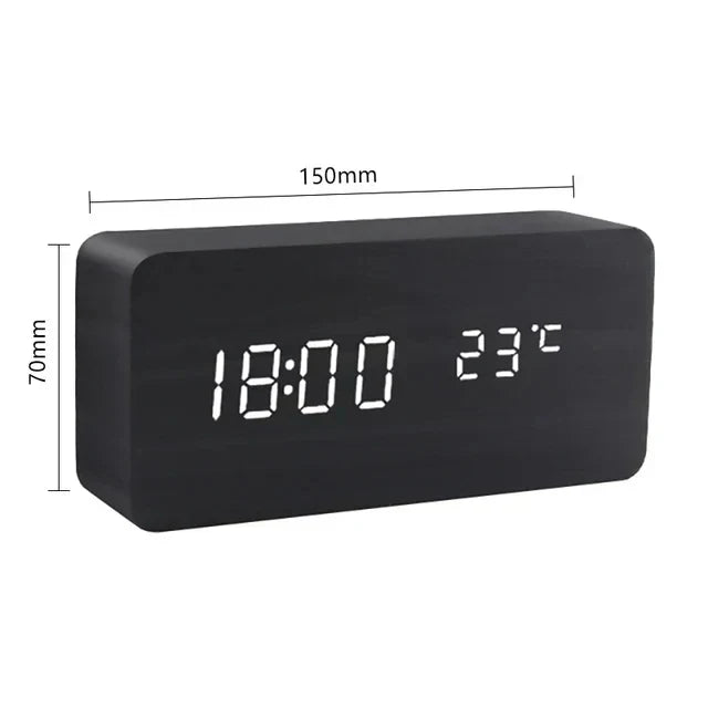 Voice-Activated LED Alarm Clock with Modern Wooden Finish