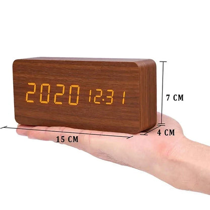 Voice-Activated LED Alarm Clock with Modern Wooden Finish