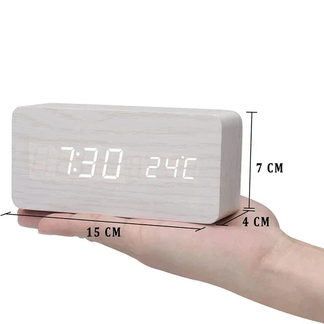 Voice-Activated LED Alarm Clock with Modern Wooden Finish