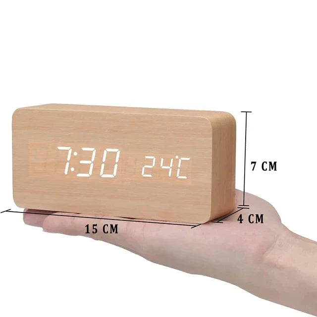 Voice-Activated LED Alarm Clock with Modern Wooden Finish
