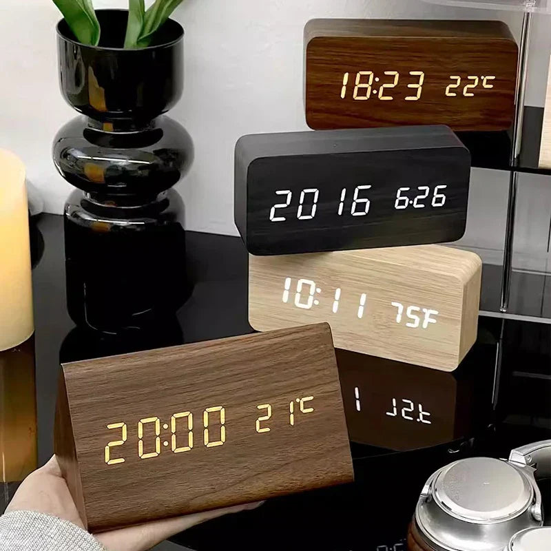 Voice-Activated LED Alarm Clock with Modern Wooden Finish