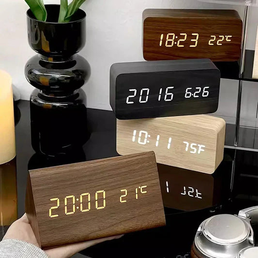 Voice-Activated LED Alarm Clock with Modern Wooden Finish