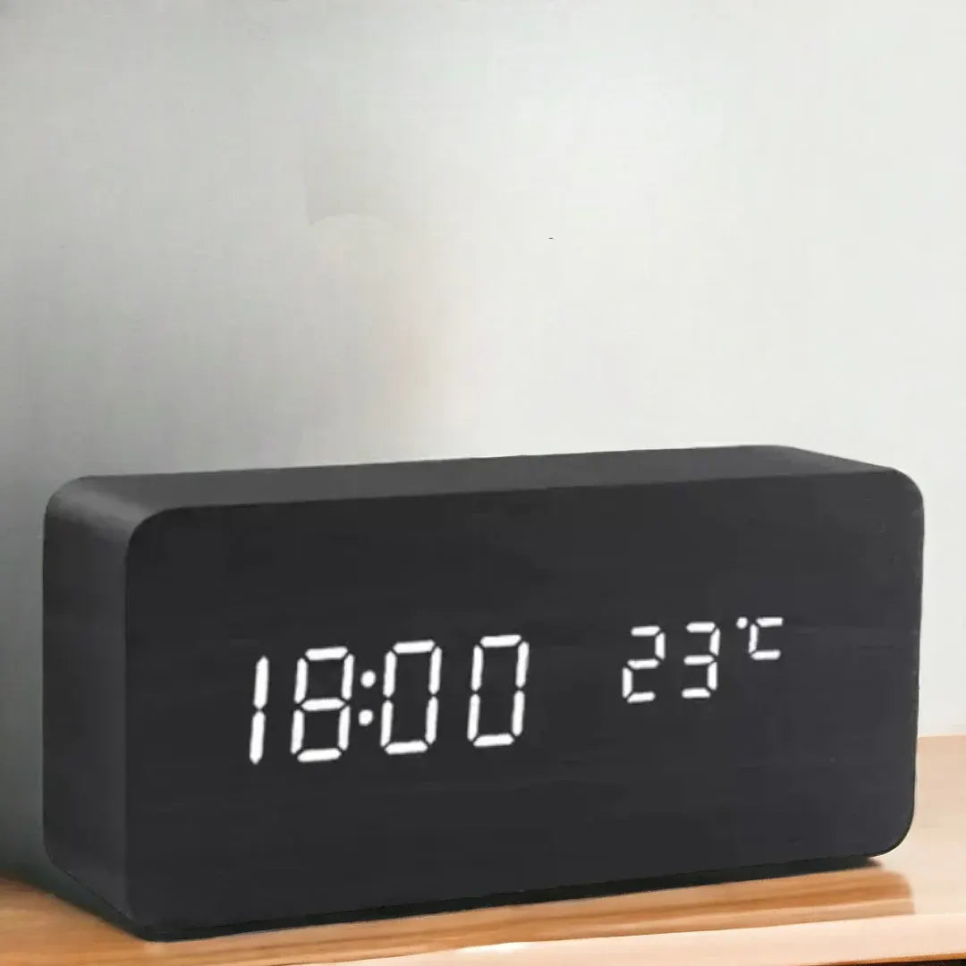 Voice-Activated LED Alarm Clock with Modern Wooden Finish