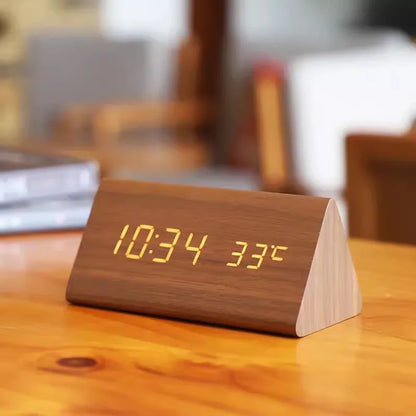 Voice-Activated LED Alarm Clock with Modern Wooden Finish