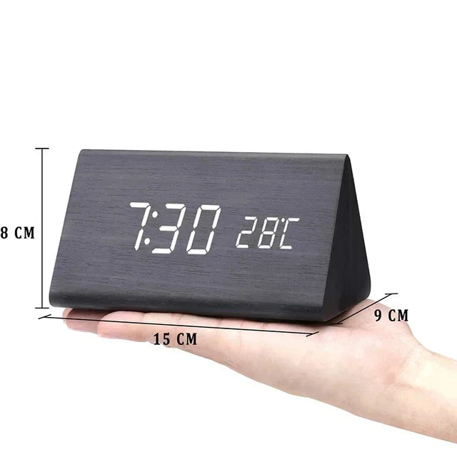Voice-Activated LED Alarm Clock with Modern Wooden Finish