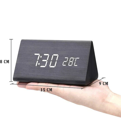 Voice-Activated LED Alarm Clock with Modern Wooden Finish