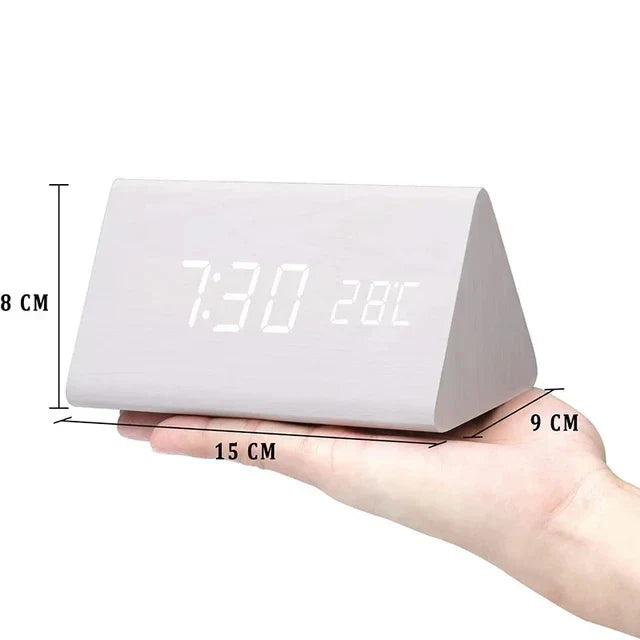 Voice-Activated LED Alarm Clock with Modern Wooden Finish