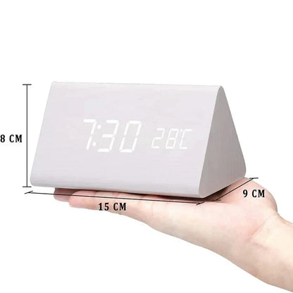 Voice-Activated LED Alarm Clock with Modern Wooden Finish