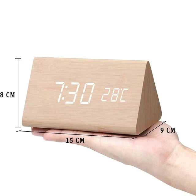 Voice-Activated LED Alarm Clock with Modern Wooden Finish