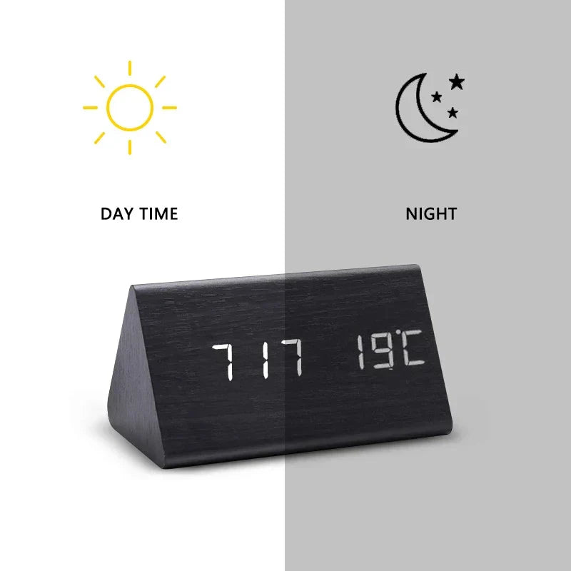 Voice-Activated LED Alarm Clock with Modern Wooden Finish
