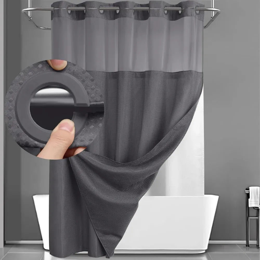 Waffle Textured Geometric Double-Layer Fabric Bathroom Shower Curtain Set