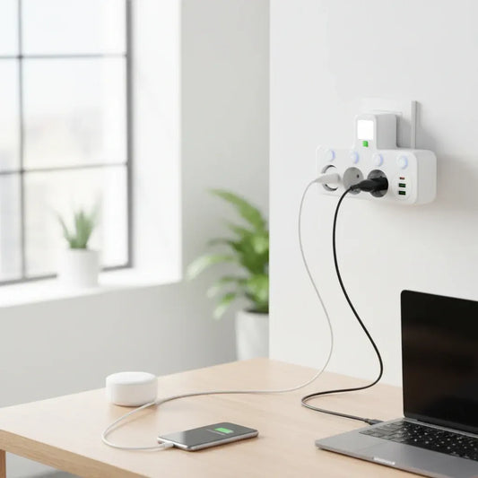 Wall-Mounted Power Strip with USB Outlets and Surge Protection
