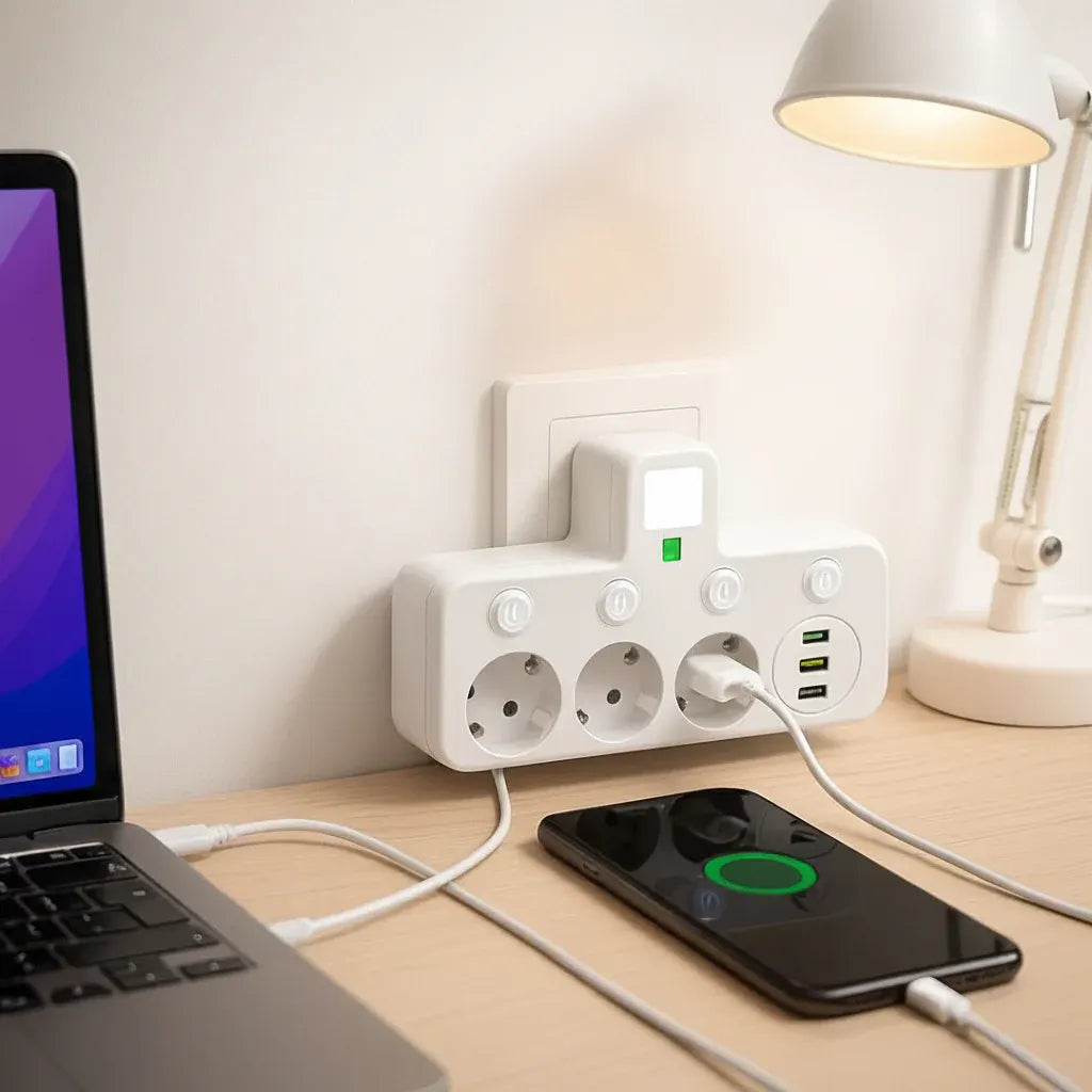 Wall-Mounted Power Strip with USB Outlets and Surge Protection