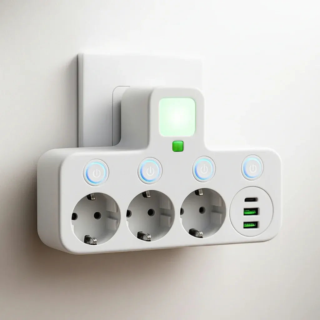 Wall-Mounted Power Strip with USB Outlets and Surge Protection