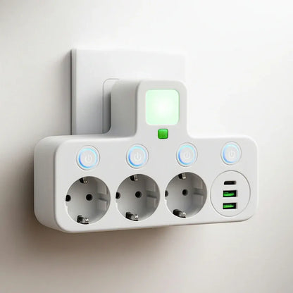 Wall-Mounted Power Strip with USB Outlets and Surge Protection