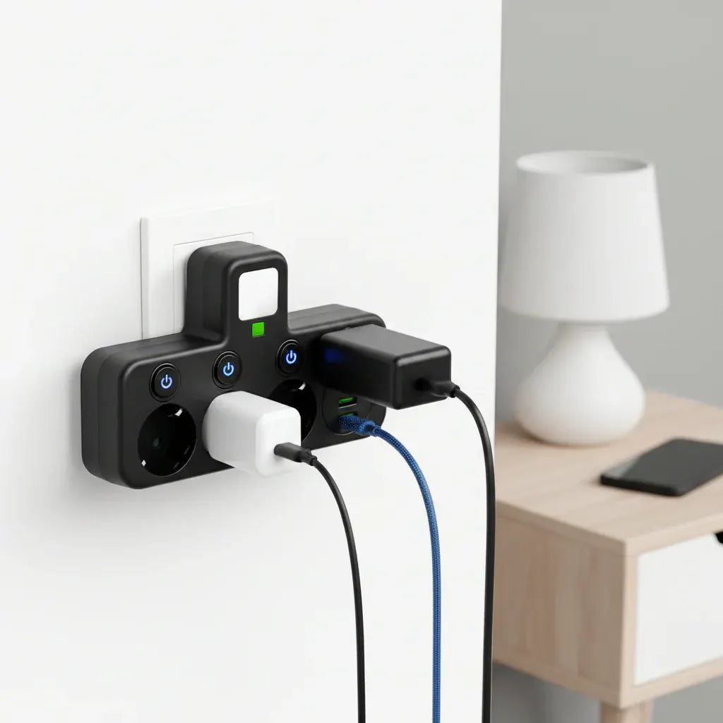 Wall-Mounted Power Strip with USB Outlets and Surge Protection