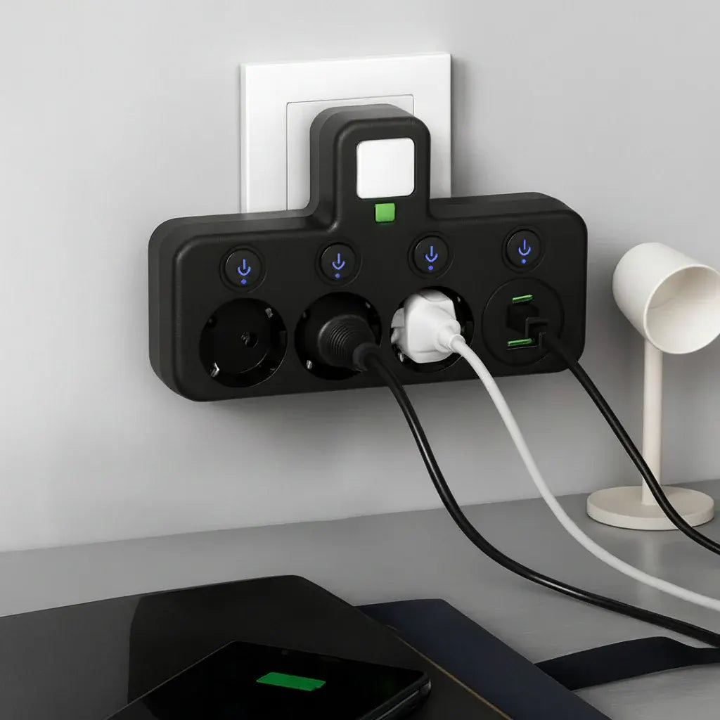 Wall-Mounted Power Strip with USB Outlets and Surge Protection