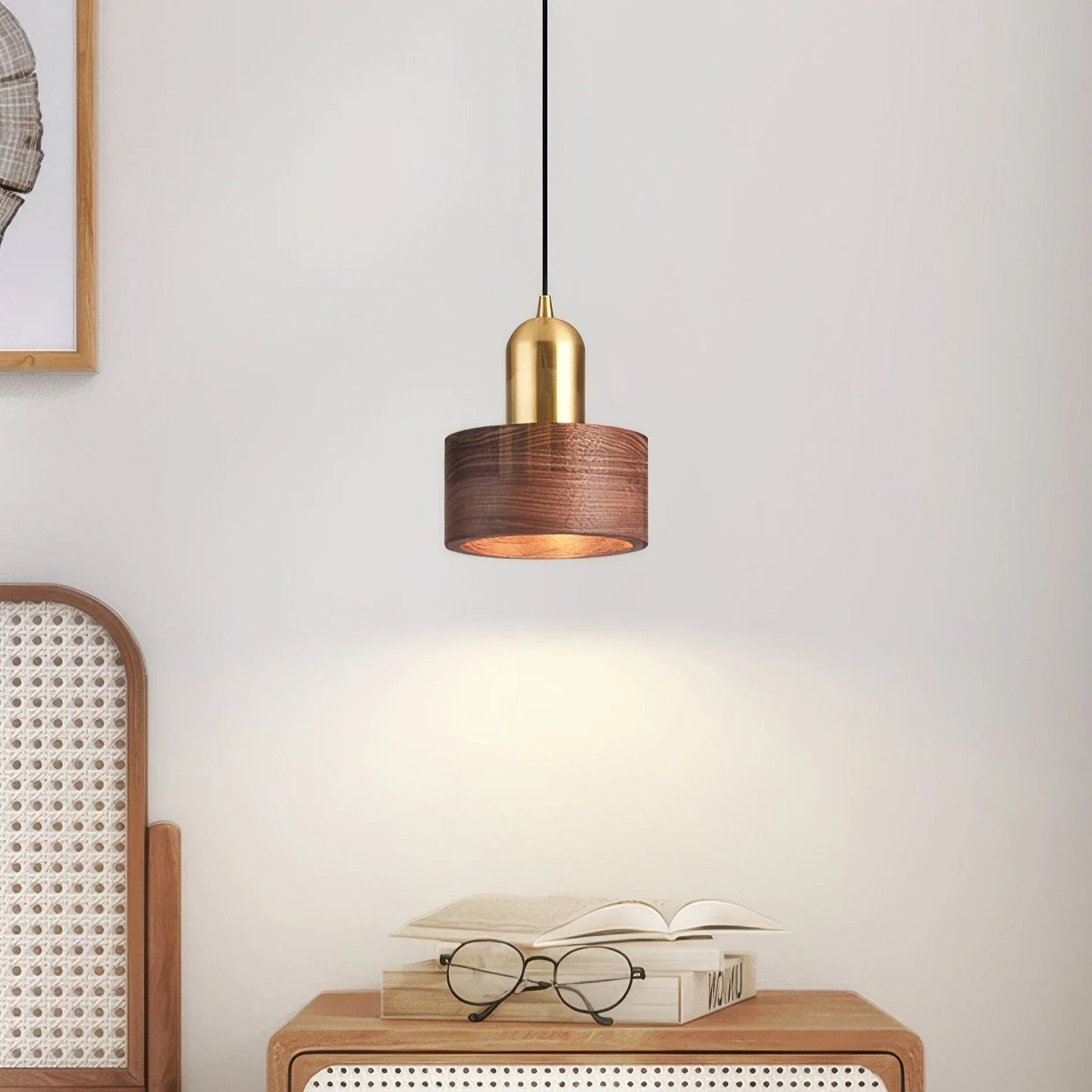 Walnut & Brass Cylinder Pendant Lamp | Japanese-Inspired Hanging Light Fixture