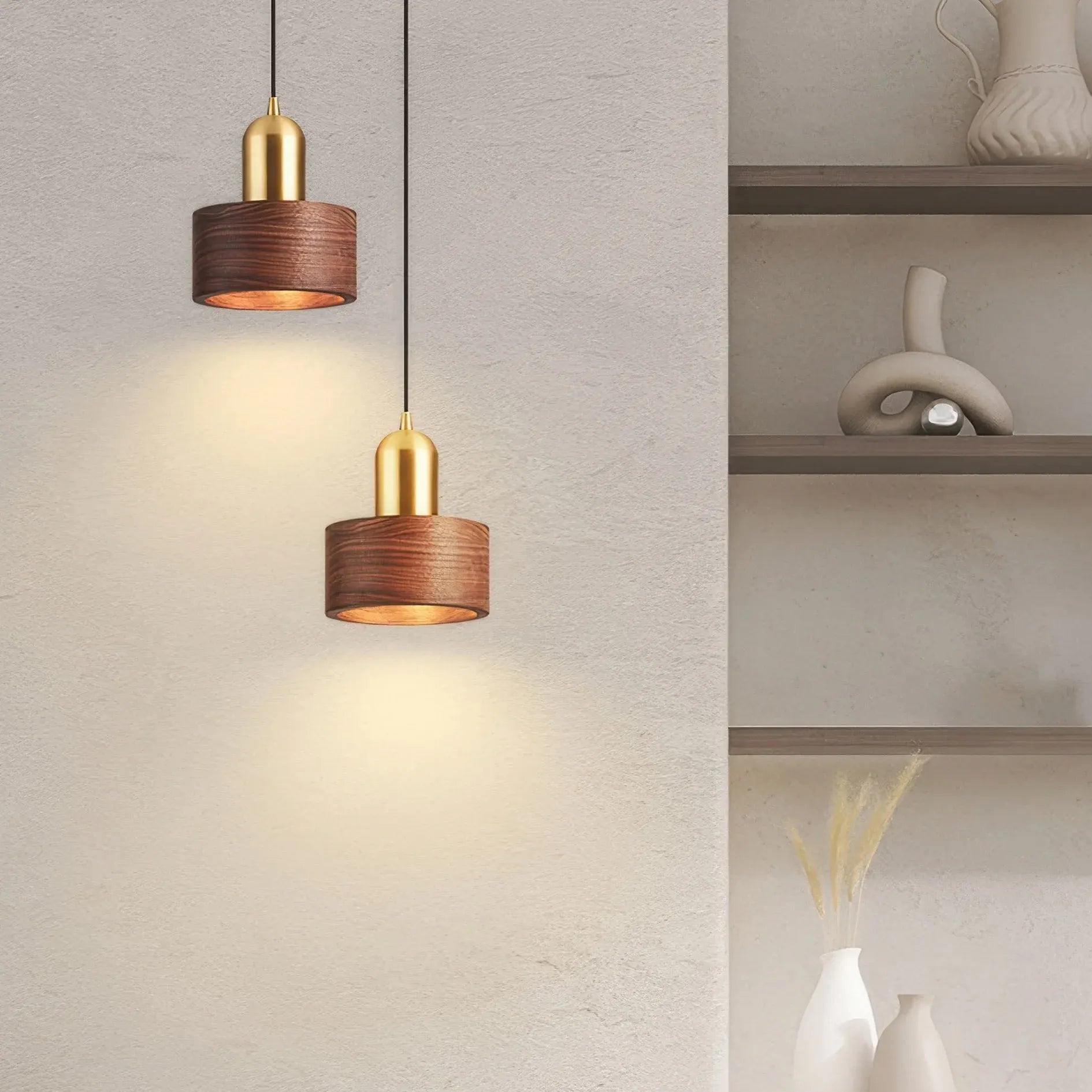 Walnut & Brass Cylinder Pendant Lamp | Japanese-Inspired Hanging Light Fixture